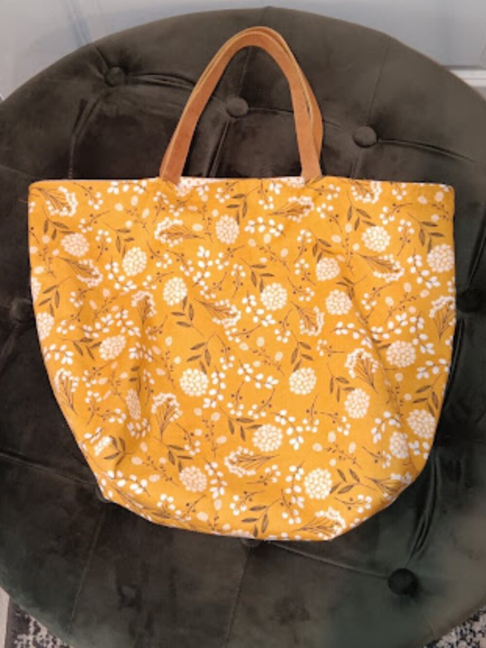 Floral Tote Shoulder Bag Fabric Leather Strap Mustard Yellow White Polkadot Boho